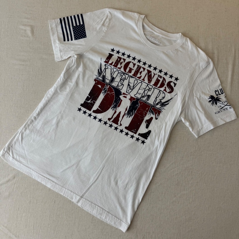 Grunt Style Legends Never Die White Graphic T-Shirt Mens Large Patriotic Tee